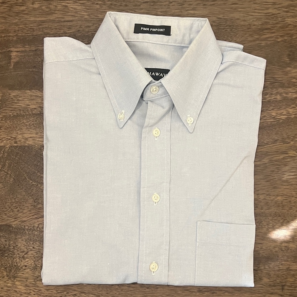 HATHAWAY Light Blue Long Sleeve Button Collar Casual Dress Shirt Size 15.5 x 32